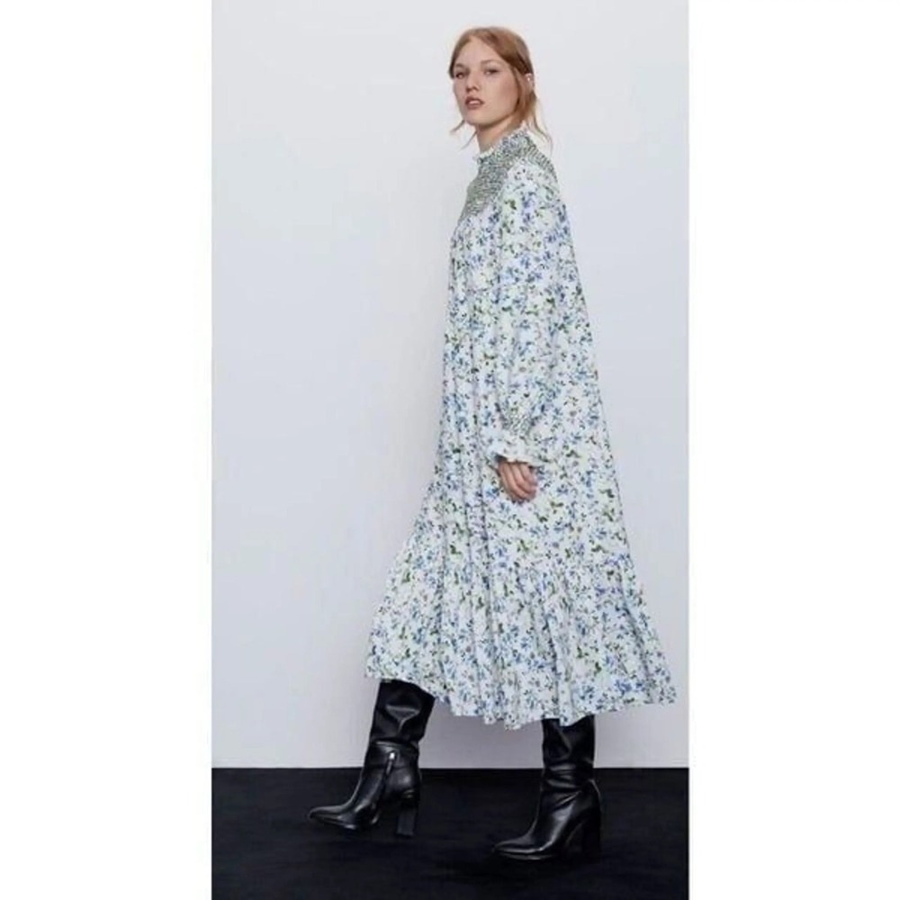 Zara women's floral printed prairie farmhouse dress Smocked Size S New Boho Midi